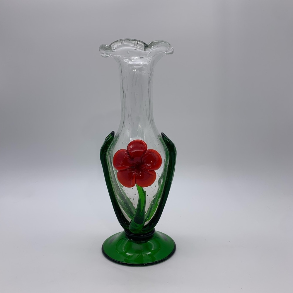 CELEBRATIONS Vtg. 3-D Red Poppy Handcrafted Seeded Art Glass Footed Vase 9”